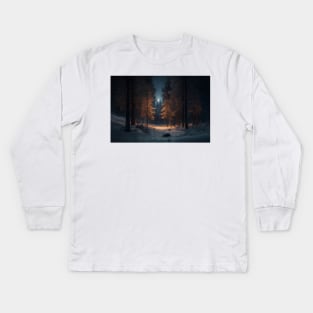 Winter Wonderland: A Snow-Covered Forest Under the Moonlight Kids Long Sleeve T-Shirt